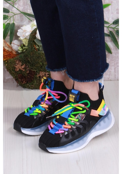 Guja Karsu Rahat Esnek Özel Tasarım Renkli Bağcuklı Sneaker Kadın Ayakkabı Siyah