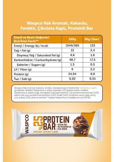Waspco Bitter Çikolata Kaplı Protein Bar Karma Kutu 36G x 12 Adet 3 Çeşit