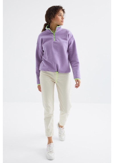 Tommy Life Açık Eflatun Yarım Fermuar Etek Ucu Büzgülü Dik Yaka Oversize Kadın Polar Sweatshirt - 97234 Eflatun