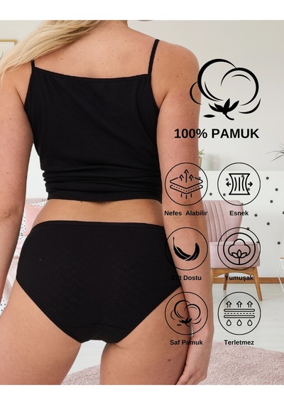 Alya Underwear %100 Pamuklu Kadın Külot Normal Bel Yükseklikli Jakarlı Kalp Desenli Kumaş Slip Siyah