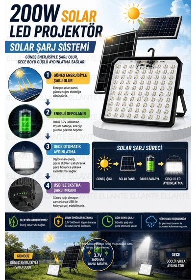 200w Solar Led Projektör Usb Şarjlı Powerbank Özellikli Güneş Enerjili Taşınabilir Kamp Bahçe Garaj