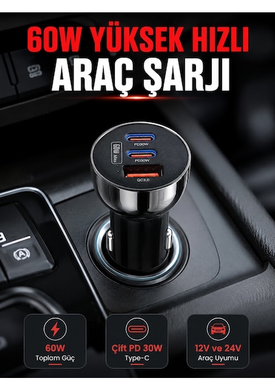 Pd 30w Çift Usb-c Araç Şarj Cihazı 60w Hızlı Şarj Adaptörü Diğer
