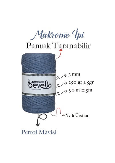Taranan Makrome Ipi 3mm Taranabilir Pamuk Tek Büküm Makrome Ipi Petrol Mavisi