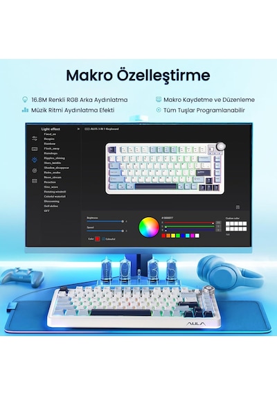 Aula Au75 3 Modlu Mekanik Gaming Kablosuz Klavye Rgb Tkl Hot Swap Star Vector Switch Makrolu Oyuncu Klavyesi Lacivert