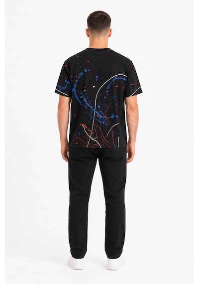 Erkek Baskılı Sıfır Yaka Regular Fit %100 Pamuk Unisex Tişört Siyah