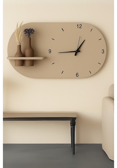 Modern Tasarım Raflı Nera Duvar Saati 60x35 Bej