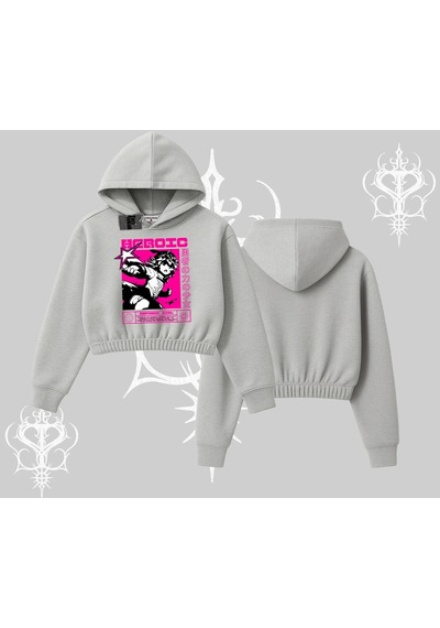 Startmore Kapşonlu Crop Sweatshirt Heroic Anime Girl Japon Stil Grafik Baskılı Gri