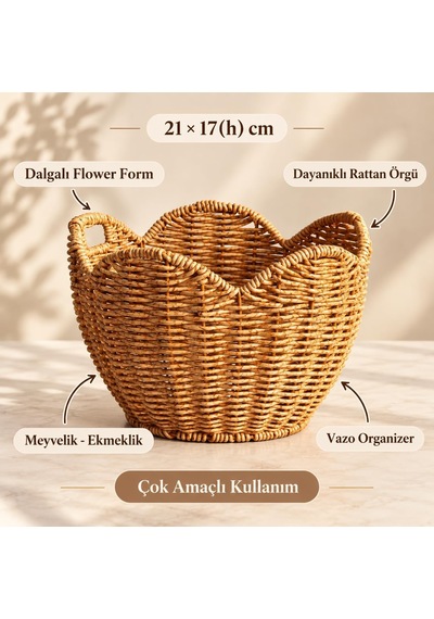 Rattan Hasır Sepet Dekoratif Ekmeklik Meyvelik Sunum Organizeri