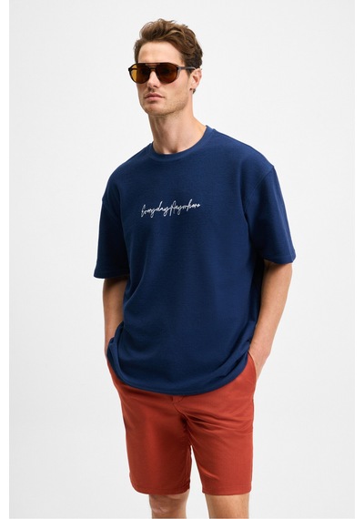 Grımelange OURFLOW Erkek Nakış Detaylı %100 Organik Pamuk Bisiklet Yaka Kısa Kollu Oversize Lacivert T-Shirt