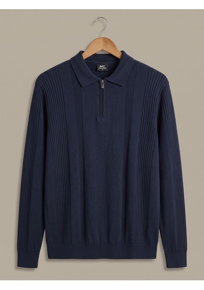 Maccali Erkek Lacivert Bantlı Fermuarlı Polo Yaka Triko Kazak