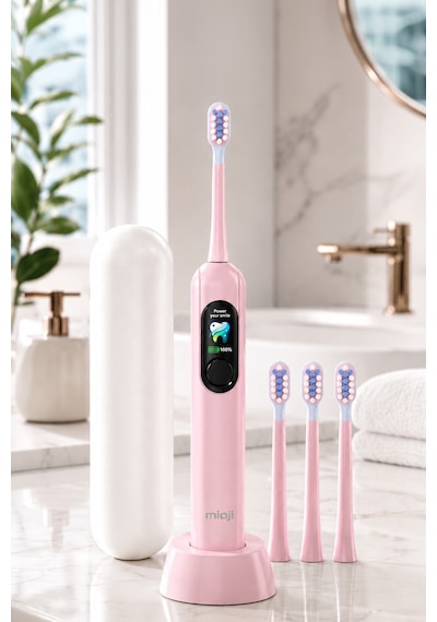 Mioji Oral B8 Care Şarj Edilebilir Diş Fırçası Pembe + 3 Yedek Başlık ve Taşıma Çantası
