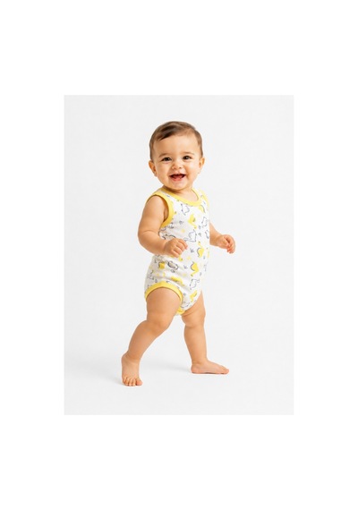 Rkek Bebek Dinozor Desenli Atlet Body Yazlık Pamuklu Çıtçıtlı Bebek Zıbını Sarı