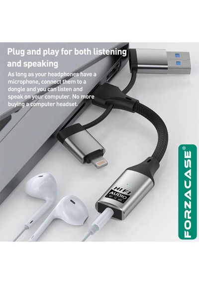 Forzacase 3in1 Apple Uyumlu iPhone Lightning, Type-c, Usb Girişli 3.5 Mm Aux Çevirici Kulaklık Jak Adaptör Fc1164 1 Adet
