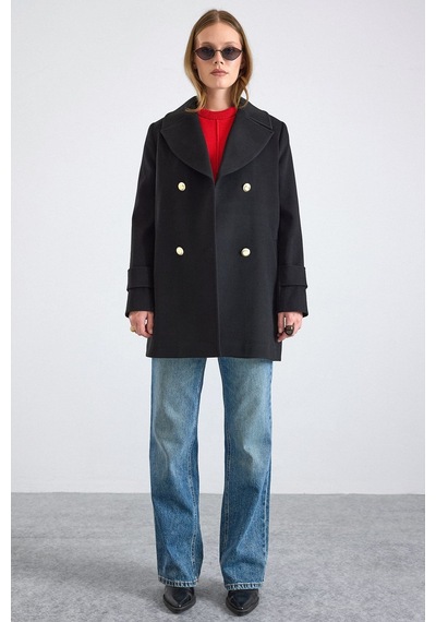 Olcay Metal Düğmeli Kruvaze Spor Kaban Siyah 3166