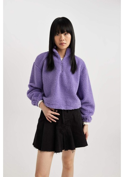 Defacto Coool Oversize Fermuarlı Dik Yaka Basic Düz Pelüş Sweatshirt B9836AX23WNPR262 Mor