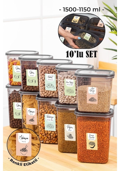Vienev Peggy Renkli Etiketli Dikdörtgen Saklama Kabı Seti Antrasit 5x 1500 +1150 ML 10'lu Çok Renkli