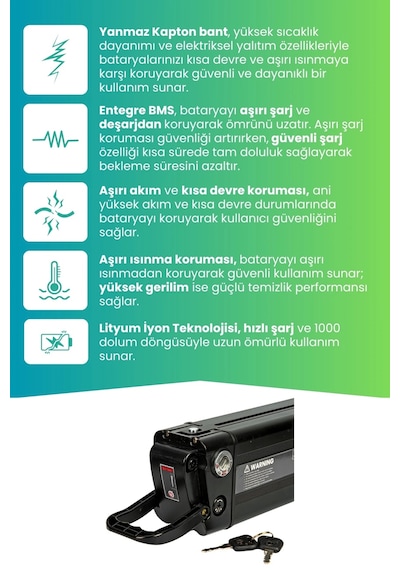 Rks Lesso Pro Uyumlu Batarya Ultra Yüksek Kapasite 36v 20ah Güçlendirilmiş Elektrikli Bisiklet Bataryası Siyah