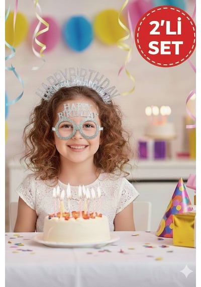 Gri Happy Birthday Simli Doğum Günü Taç Ve Gözlük Seti 2 Li Parti Aksesuarı Fotoğraf Konsepti