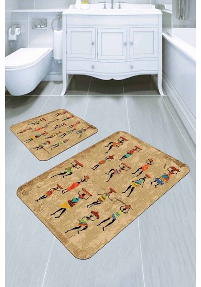 Bej Etnik Desenli Banyo Halısı Klozet 2'li Paspas Seti Bs307n11