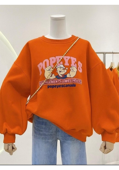 Benroma 3 İplik Penye Popeyes Baskılı Unisex Sweatshırt Turuncu