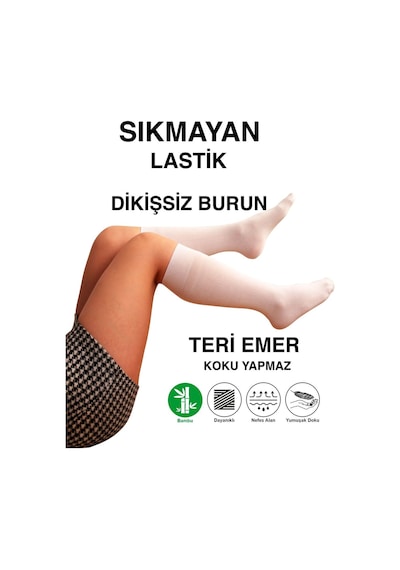 Ekol Tek Çift Teni Göstermeyen Yumuşak Dikişsiz Dizaltı Uzun Bambu Kadın Premium Beyaz Çorap 36-42 Beden Beyaz