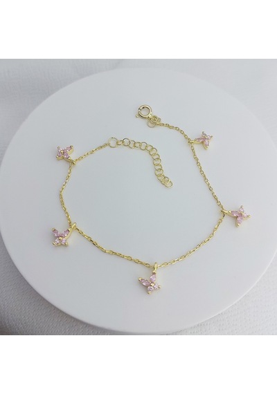 925 Ayar Gümüş Sallantılı Pembe Gold Kelebek Bileklik Altın