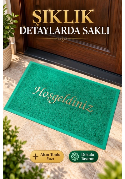 Yeşil 40x60 Cm Hoşgeldiniz Yazılı Kapı Önü Paspası Kıvırcık Dokulu Altın Yazılı Dekoratif Ev Paspası