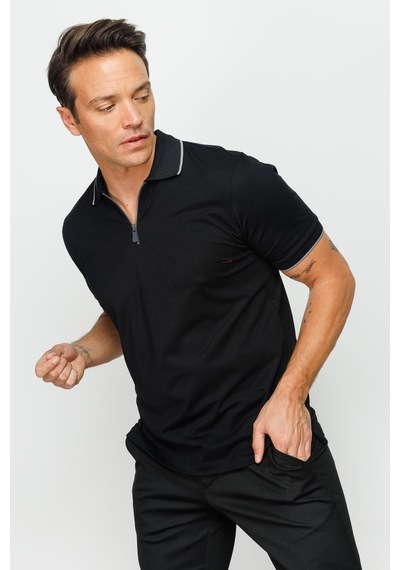 Erkek Fermuarlı Polo Yaka T-shirt Siyah Siyah