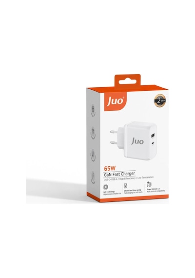Juo 65W GaN USB-C + USB-A Şarj Aleti iPhone & iPad & Apple Uyumlu MacBook & Notebook PD Type-C Hızlı Şarj Cihazı Beyaz