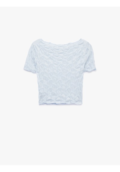 Koton Bürümcük Kumaş Slim Fit Kısa Kollu Kayık Yaka Crop Tişört Mavi 6sal10639ık
