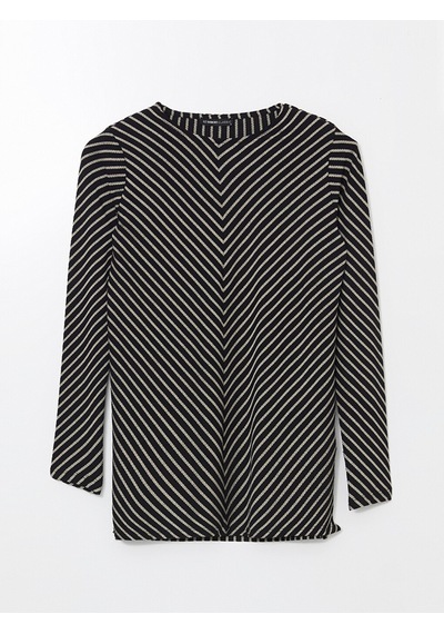 Lcwaıkıkı Classic Siyah Bisiklet Yaka Çizgili Oversize Kadın Tunik