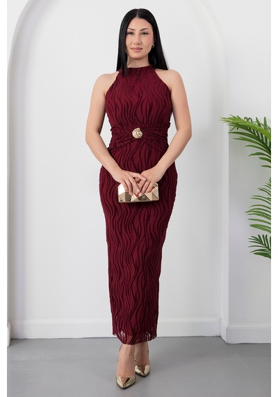 Kalopya Halter Yaka Beli Tokalı Bağlamalı Elbise Grs4023 Bordo