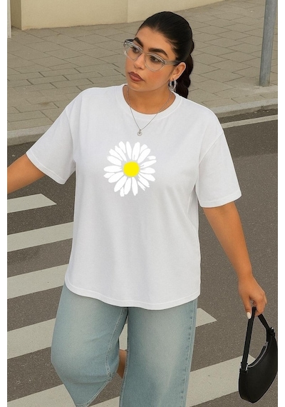 Büyük Beden Papatya Baskılı Unisex Tişört Beyaz
