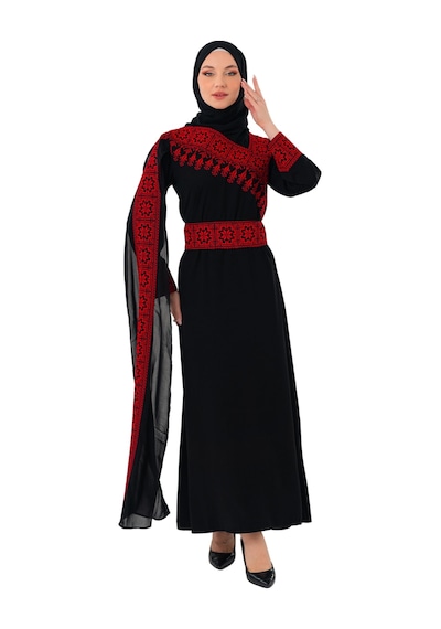 Zaytoon Eğimli Omuz Uzun Ve Açık Kollu Filistin Nakışlı Elbise M-3xl C100050 Siyah