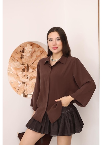 Kadın Slim Fit Dar Kesim Vücuda Oturan Uzun Kollu Kahve Gömlek Kahverengi