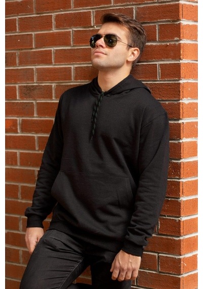 Erkek Siyah Düz Basic Kapüşonlu Cepli Oversize Sweatshirt 21Eswt1