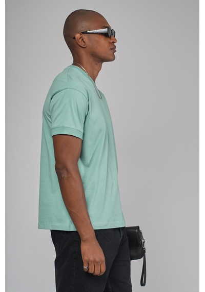 King Brich Slim Fit Kalıp Kolu Ribanalı Basic %100 Pamuklu Tişört Mavi
