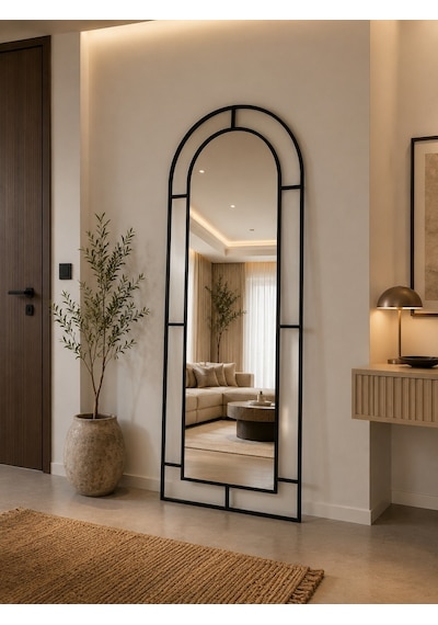 Effe Siyah Metal Çerçeveli 180x70 Cm Pencere Model Oval Ayaklı Boy Aynası