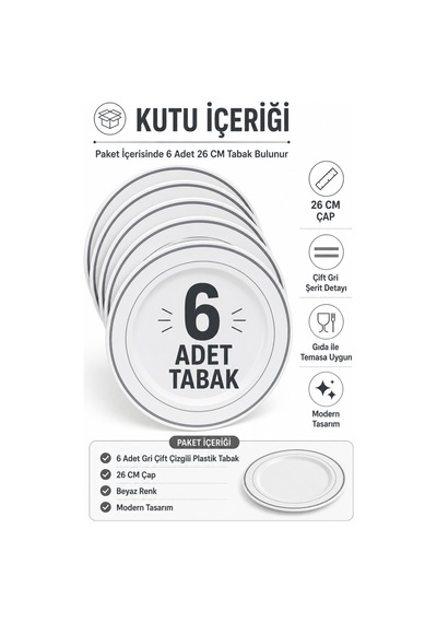 6'lı Gümüş Yaldızlı Plastik Tabak 26 Cm Porselen Görünümlü Kullan At Parti Davet Servis Tabağı