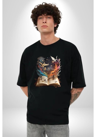 Hikaye Roman Kitabı Gerçekleşti Pamuklu Bisiklet Yaka Unisex Oversize Boyfriend Dijital Baskılı Siyah T-shirt Siyah