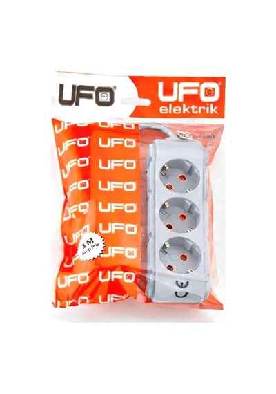 Ufo 3lü 3 Metre Kablolu Topraklı Grup Priz, 16a 250v, Üçlü Uzatma Kablosu Gri Renk