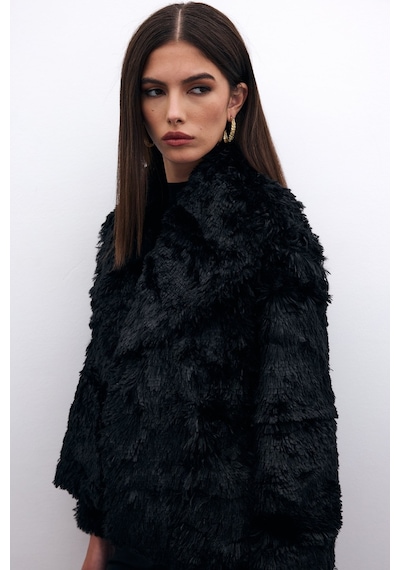 Sateen Yakalı Peluş Ceket - Siyah-135577 Siyah