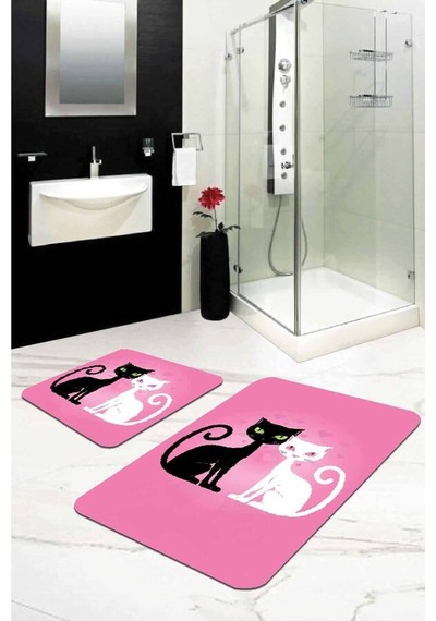 Pembe Kedili Banyo Halısı Klozet Takımı Paspas Seti Bs262n11