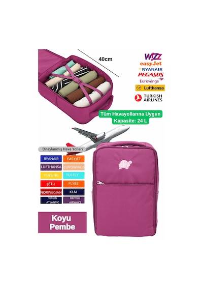 Jet Turtle Seyahat Sırt Çantası 40cm 40x25x15 Cm Pegasus, Wizz Air, Ryanair, El Valizi Koltuk Altı Valizi Koyu Pembe