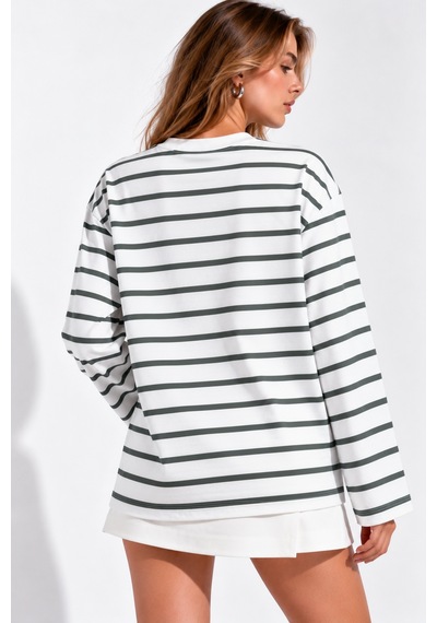 Wild Bee Kadın Mint Beyaz Çizgili Pamuklu Bisiklet Yaka Oversize Bluz Mint Yeşili