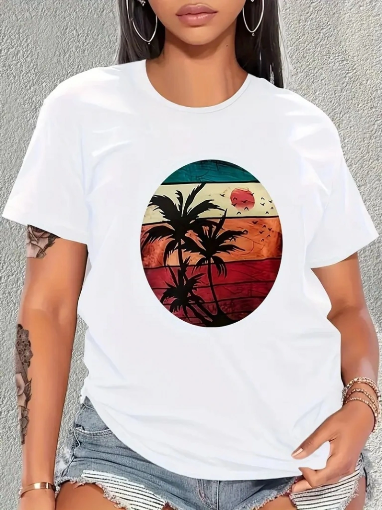 Periliçekeçe Kadın Kısa Kollu Palmiye Baskılı Viskon T-shirt Beyaz