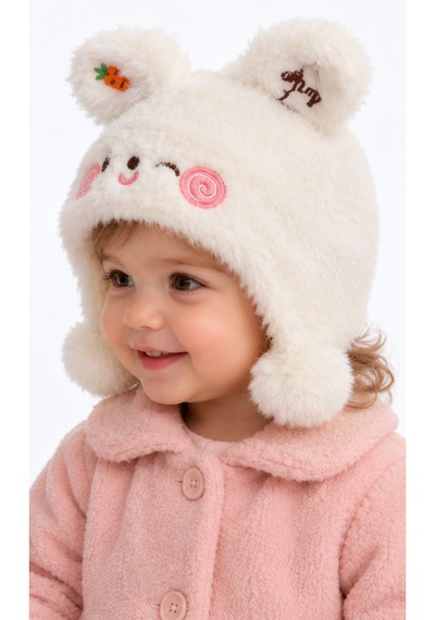 Kız Bebek Tavşan Modelli Kulaklı Ponponlu İçi Astarlı Krem Renk 6 Ay - 3 Yaş Soft Bere