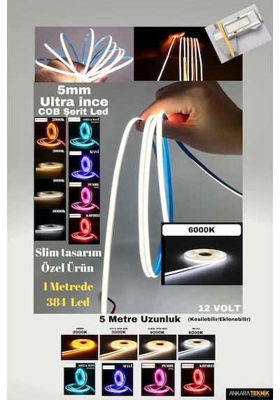 Ultra Ince 5mm. Kalınlık Cob Şerit Led 6000k Neon Gibi Yanar.
