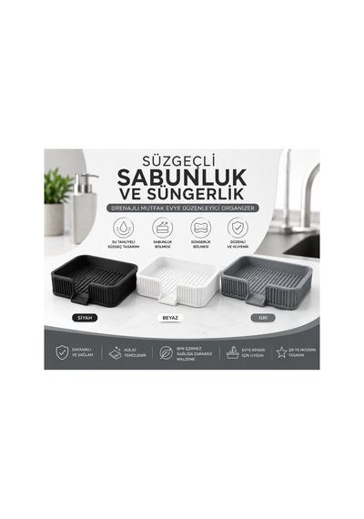 Buççin Online Mağaza Süzgeçli Sabunluk Ve Süngerlik Mutfak Evyesi Düzenleyici Plastik Siyah Çok Renkli