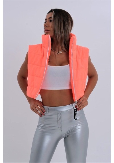 Keyifli Moda Kadın Nar Çiçeği Dik Yaka Kısa Şişme Yelek